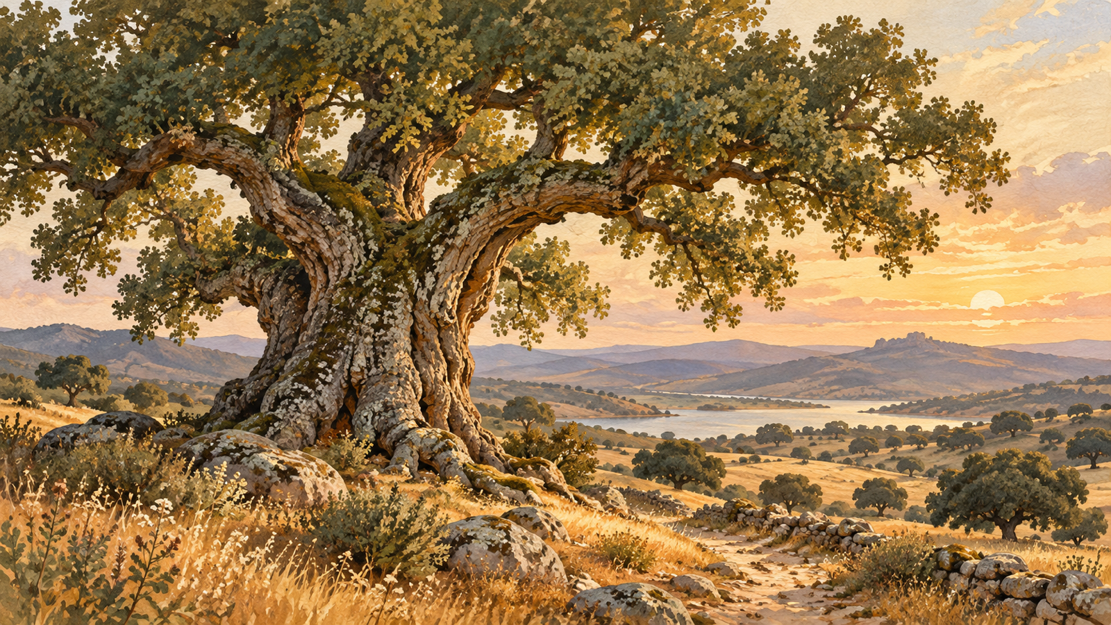 Ilustración de un árbol antiguo en un paisaje de dehesa