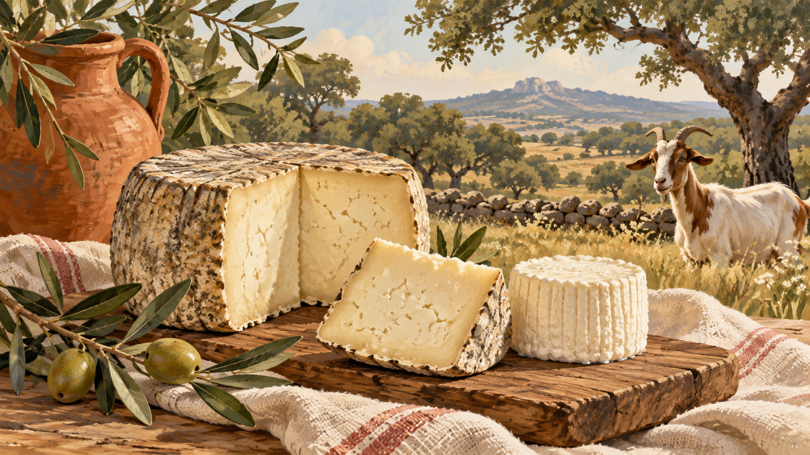 Ilustración de quesos artesanos de cabra en el paisaje de dehesa