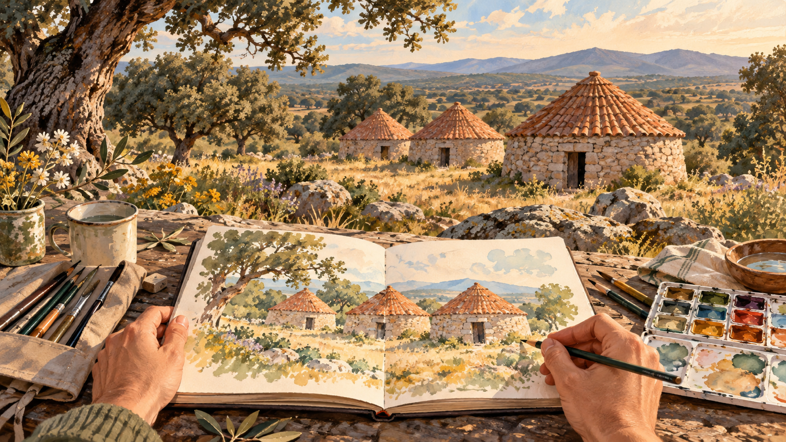 Ilustración de un cuaderno de dibujo y acuarelas frente a unos chozos